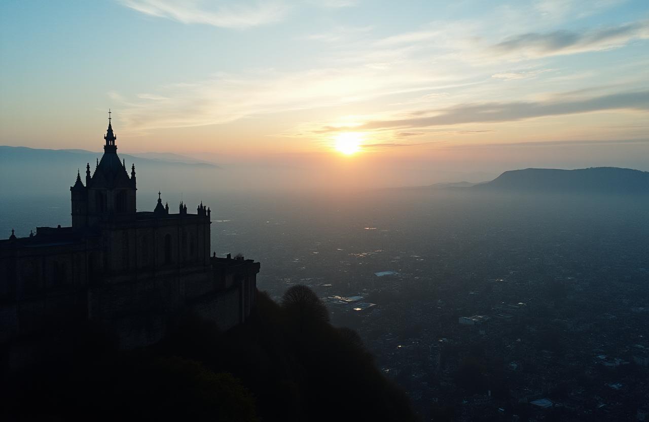 Breathtaking aerial drone shot overlooking an Edinburgh landmark at sunrise.