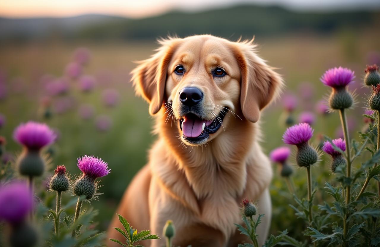 A heartwarming portrait of a golden retriever in a field of Scottish thistles.