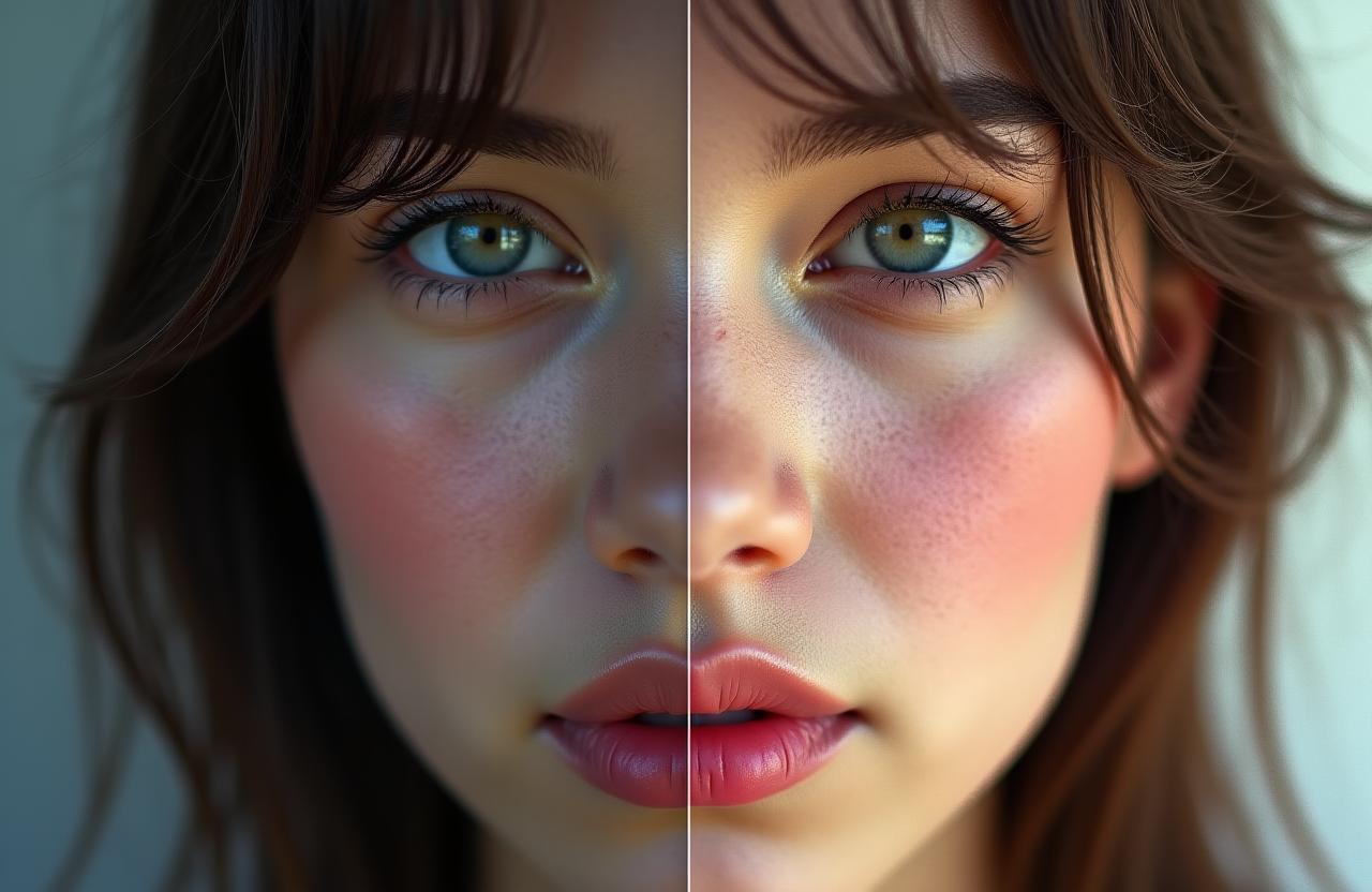 A split-screen image showing a photograph before and after professional retouching and colour grading.